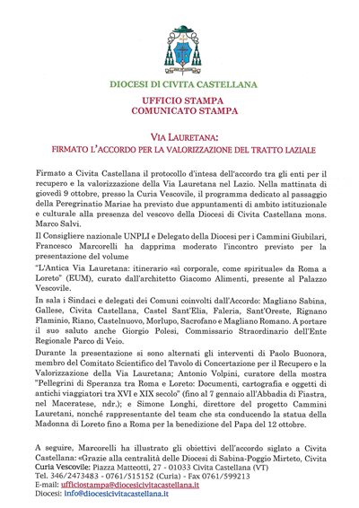 Ufficio Stampa - Via Lauretana: Firmato l'accordo per la valorizzazione del tratto laziale